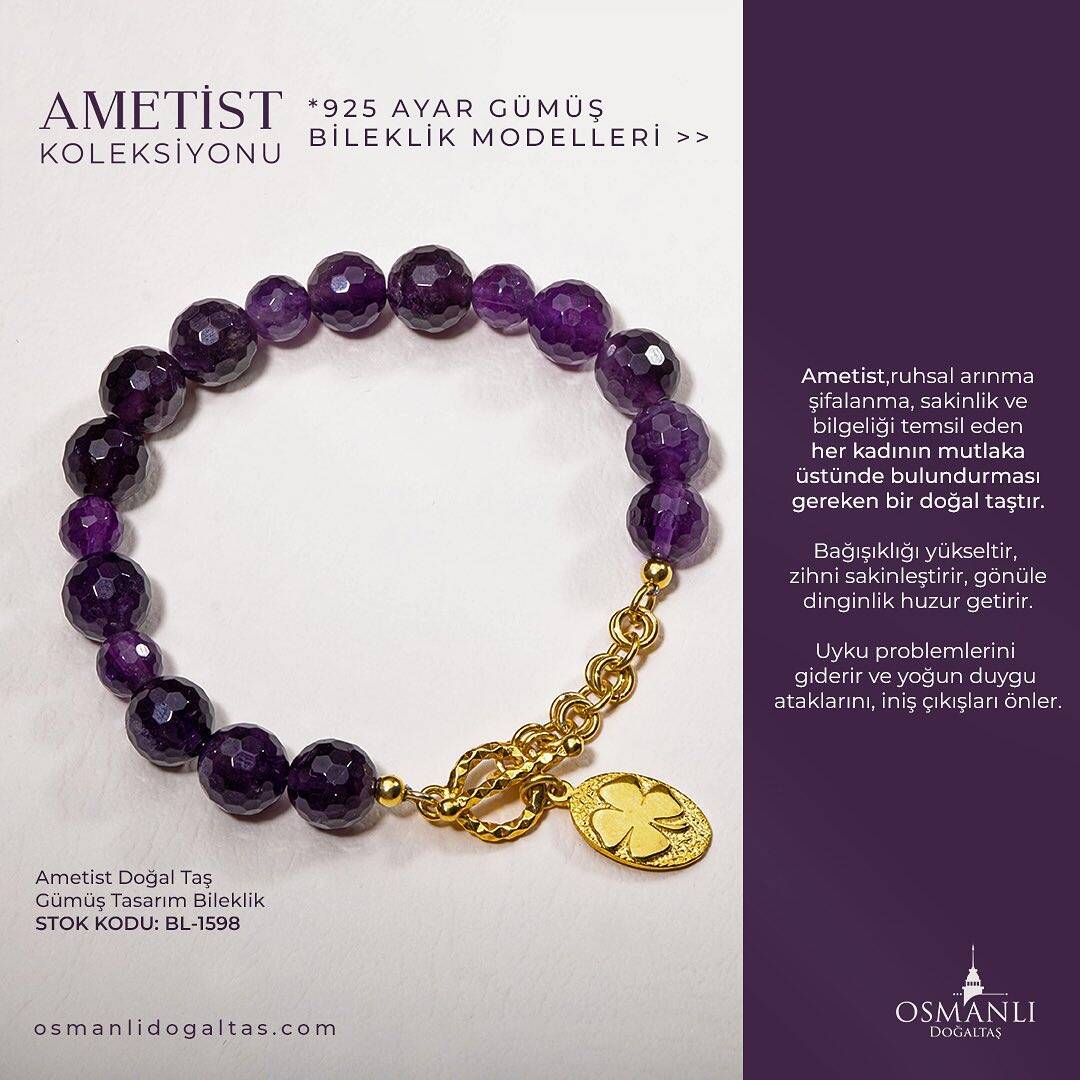 Sertifikalı Ametist Gümüş Aparatlı Doğal Taş Bileklik (SK:342) - 2