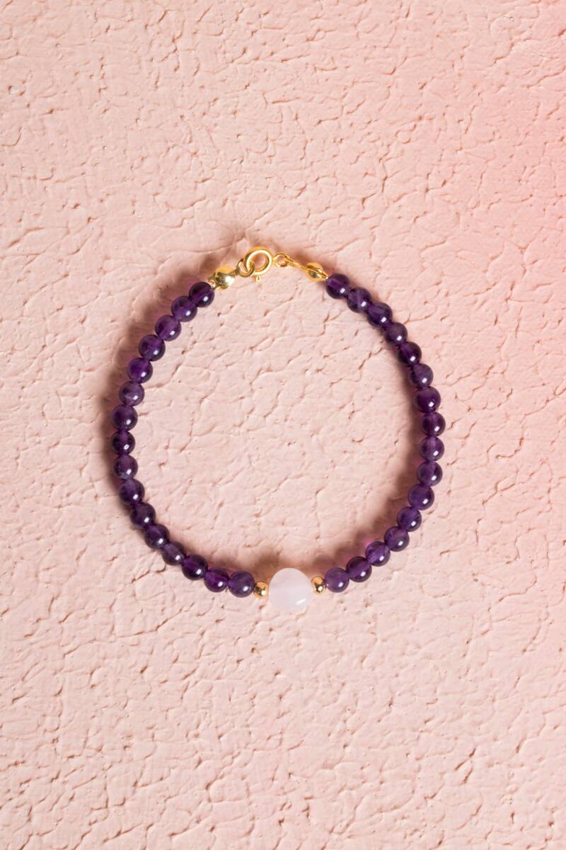 Sertifikalı Ametist, Pembe Kuvars Gümüş Aparatlı Doğal Taş Bileklik (SK:058) - 1