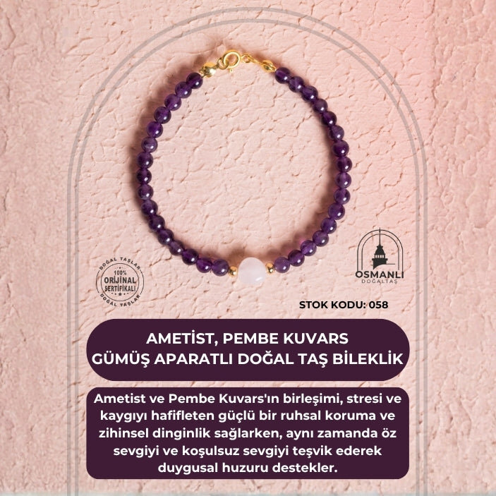 Sertifikalı Ametist, Pembe Kuvars Gümüş Aparatlı Doğal Taş Bileklik (SK:058) - 2