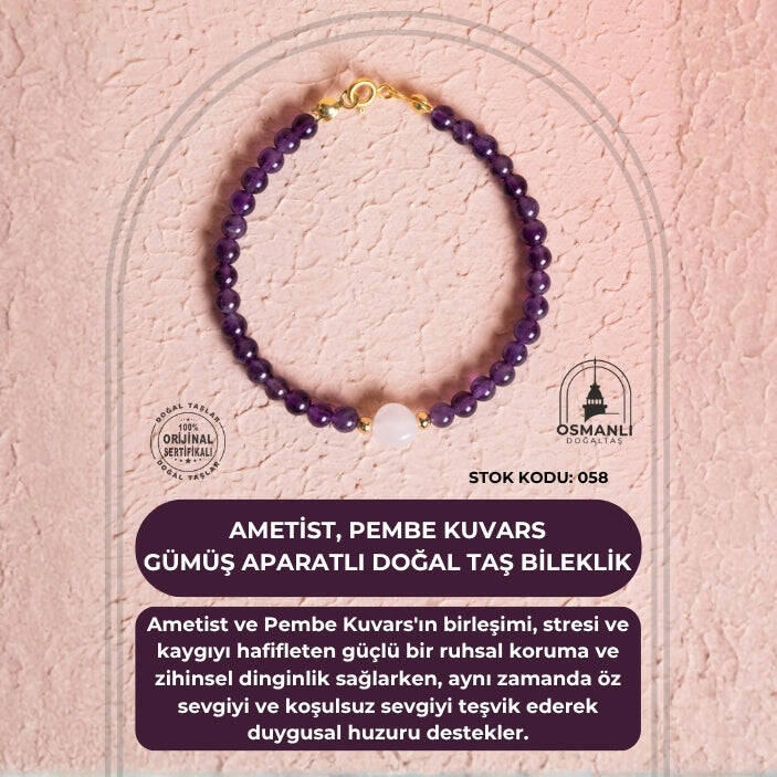 Sertifikalı Ametist, Pembe Kuvars Gümüş Aparatlı Doğal Taş Bileklik (SK:058) - 2