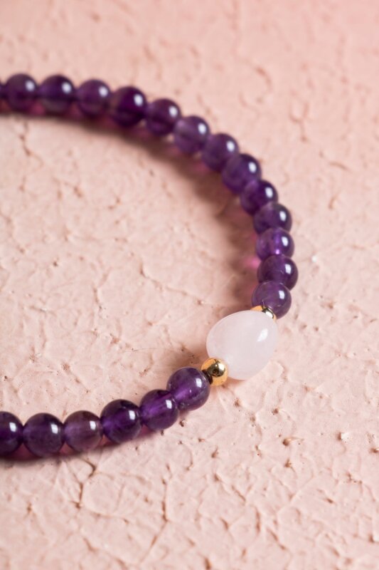 Sertifikalı Ametist, Pembe Kuvars Gümüş Aparatlı Doğal Taş Bileklik (SK:058) - 3