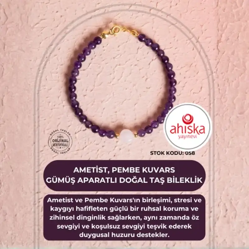 Sertifikalı Ametist, Pembe Kuvars Gümüş Aparatlı Doğal Taş Bileklik (SK:058) - 2