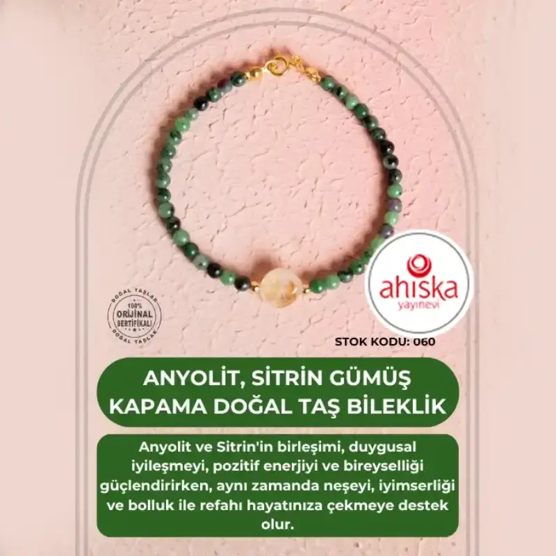 Sertifikalı Anyolit, Sitrin Gümüş Kapama Doğal Taş Bileklik (SK:060) - 2