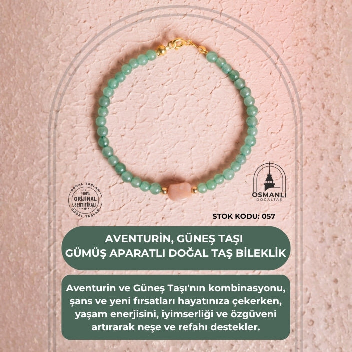 Sertifikalı Aventurin, Güneş Taşı Gümüş Aparatlı Doğal Taş Bileklik (SK:057) - 2