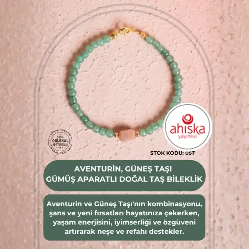 Sertifikalı Aventurin, Güneş Taşı Gümüş Aparatlı Doğal Taş Bileklik (SK:057) - 1