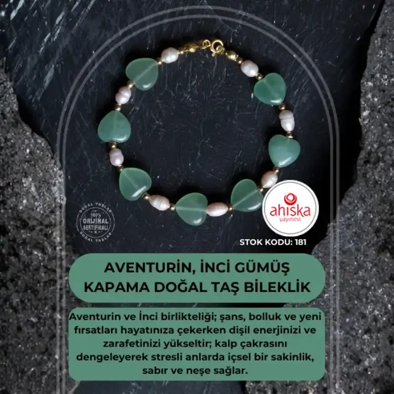 Sertifikalı Aventurin, İnci Gümüş Kapama Doğal Taş Bileklik (SK:181) - 2