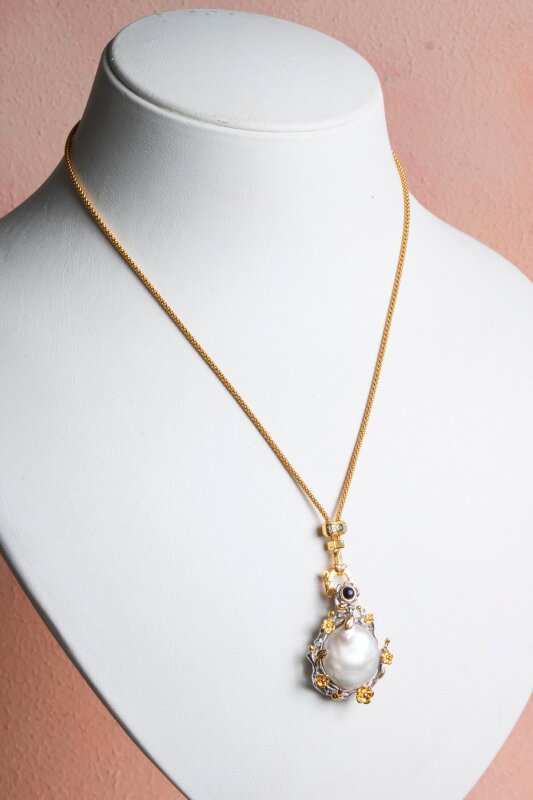 Sertifikalı Barok İnci Altın Kaplama Gümüş Özel Tasarım Doğal Taş Kolye - Doğal Taş