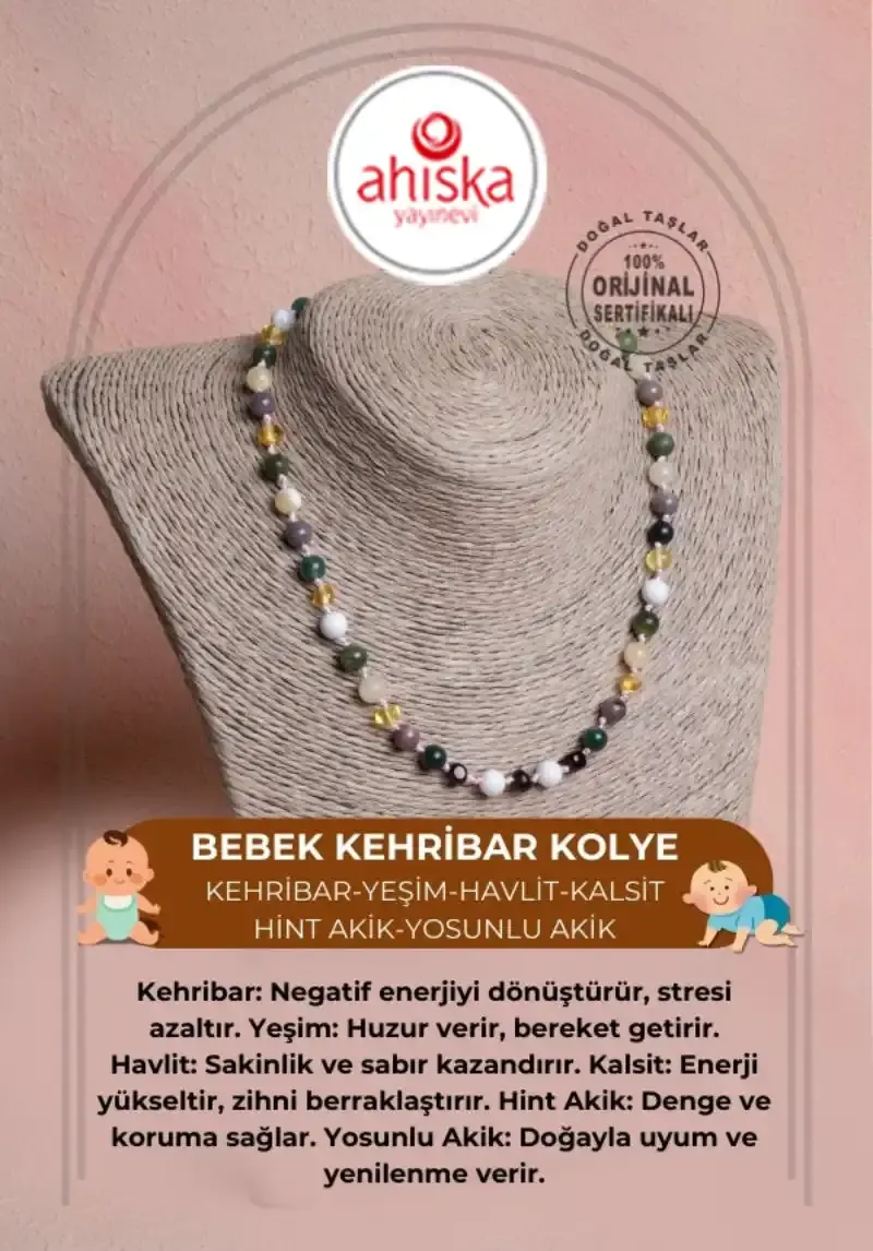 Sertifikalı Bebek Kehribar Kolye-Kehribar, Yeşim, Havlit, Kalsit, Hint Akik, Yosunlu Akik