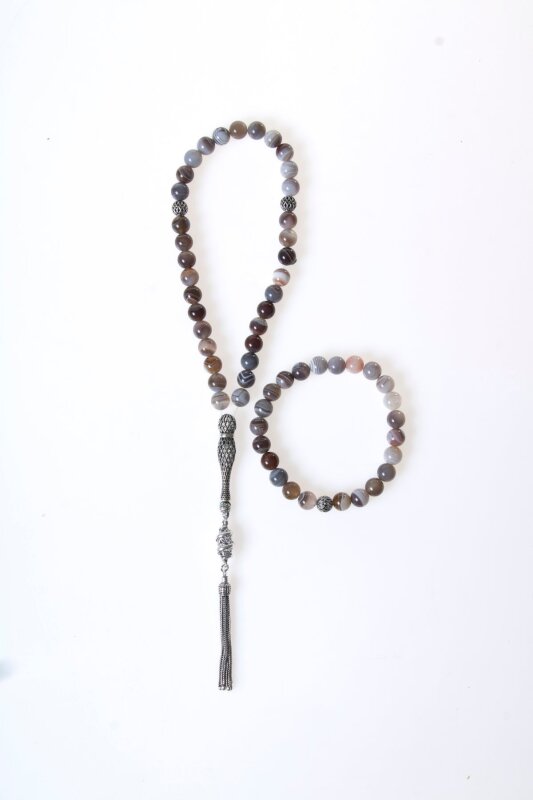 Sertifikalı Bostwana Akik 925 Ayar Gümüş 8 mm İmameli Tesbih & Bileklik Seti - Doğal Taş