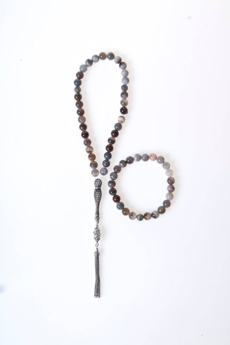 Sertifikalı Bostwana Akik 925 Ayar Gümüş 8 mm İmameli Tesbih & Bileklik Seti - 1