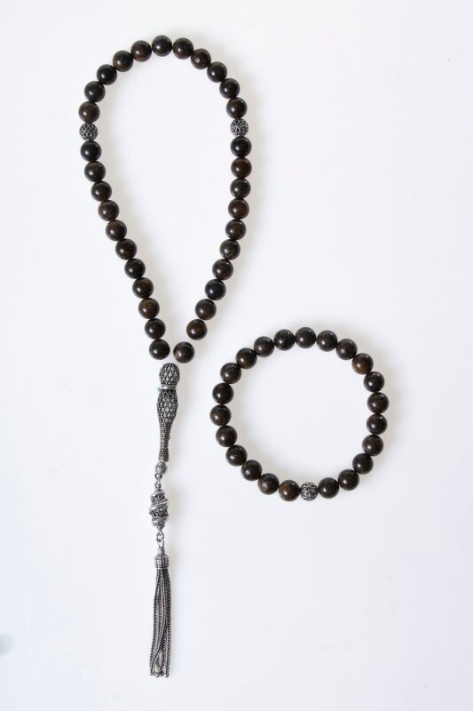 Sertifikalı Bronzit 925 Ayar Gümüş 8 mm İmameli Tesbih & Bileklik Seti - Doğal Taş