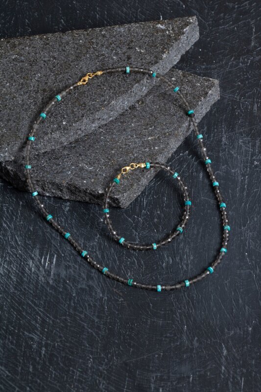 Sertifikalı Dumanlı Kuvars, Turkuaz Doğal Taş Set - Doğal Taş