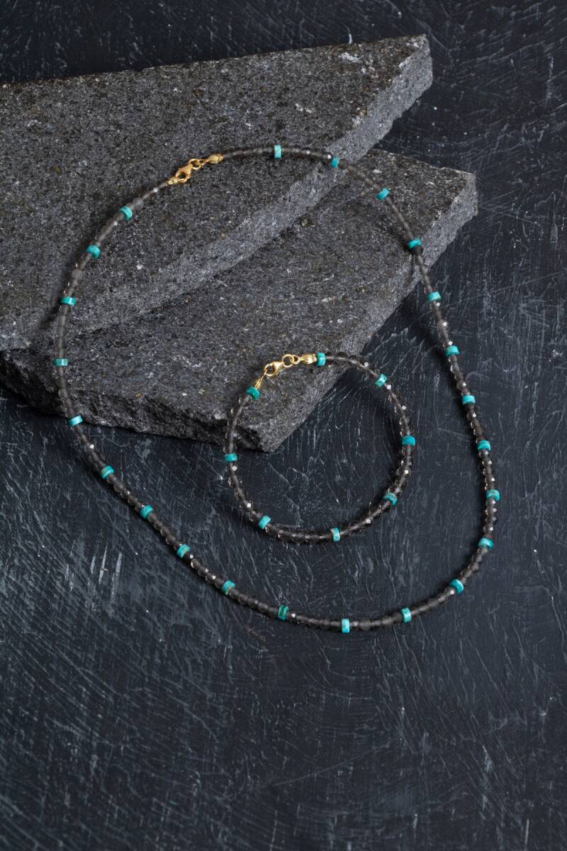 Sertifikalı Dumanlı Kuvars, Turkuaz Doğal Taş Set - 1