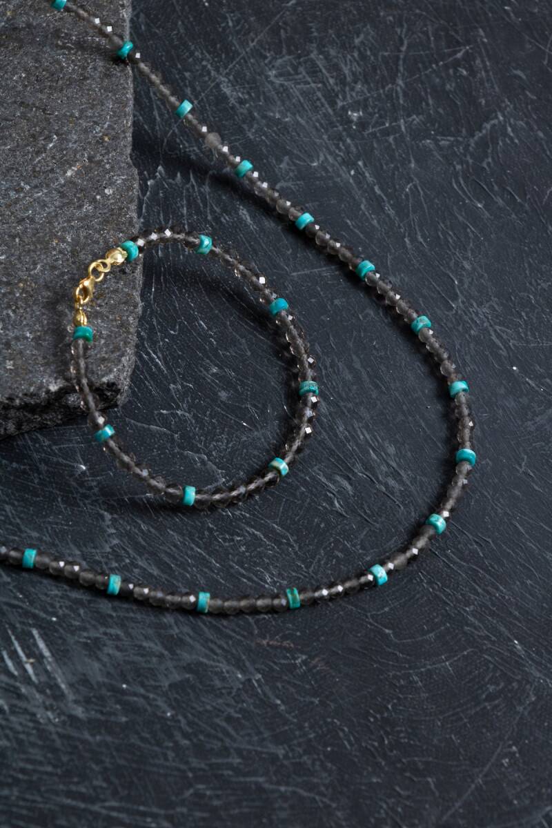 Sertifikalı Dumanlı Kuvars, Turkuaz Doğal Taş Set - 5