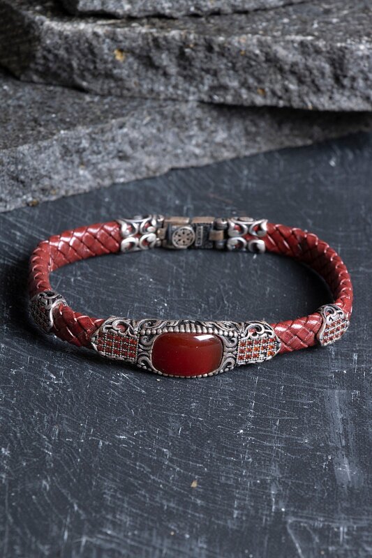 Sertifikalı El İşçiliği Gümüş Akik Doğal Taş Detaylı Deri Bileklik (SK:199) - Doğal Taş