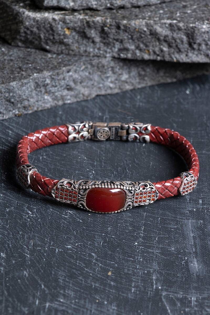 Sertifikalı El İşçiliği Gümüş Akik Doğal Taş Detaylı Deri Bileklik (SK:199) - 1