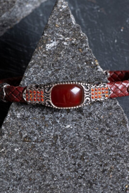 Sertifikalı El İşçiliği Gümüş Akik Doğal Taş Detaylı Deri Bileklik (SK:199) - 5