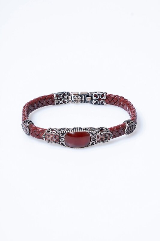 Sertifikalı El İşçiliği Gümüş Akik Doğal Taş Detaylı Deri Bileklik (SK:199) - 6