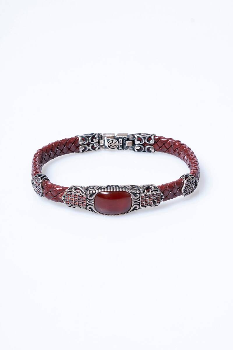 Sertifikalı El İşçiliği Gümüş Akik Doğal Taş Detaylı Deri Bileklik (SK:199) - 6