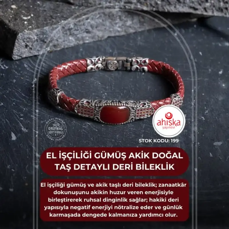 Sertifikalı El İşçiliği Gümüş Akik Doğal Taş Detaylı Deri Bileklik (SK:199) - 2