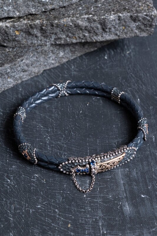 Sertifikalı El İşçiliği Gümüş Kılıç Detaylı Deri Bileklik (SK:197) - Doğal Taş