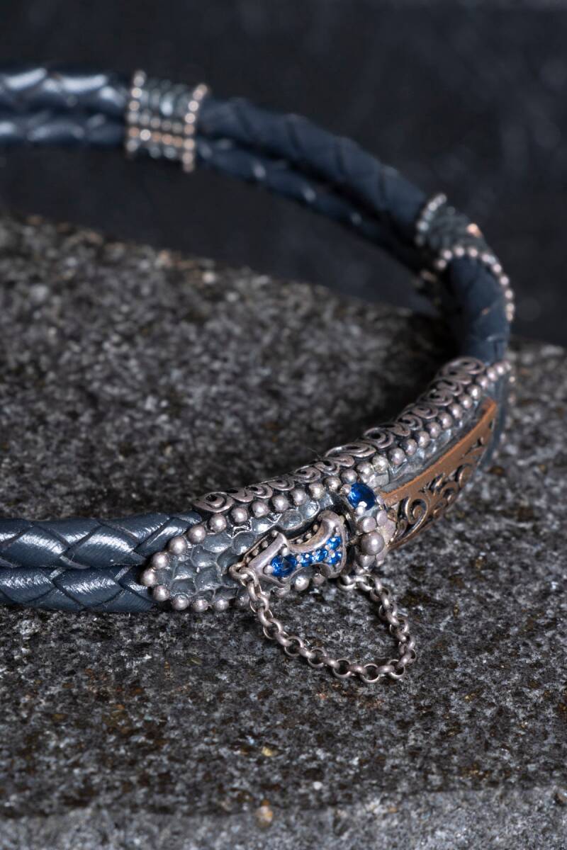 Sertifikalı El İşçiliği Gümüş Kılıç Detaylı Deri Bileklik (SK:197) - 3