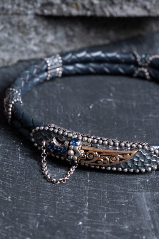 Sertifikalı El İşçiliği Gümüş Kılıç Detaylı Deri Bileklik (SK:197) - 4