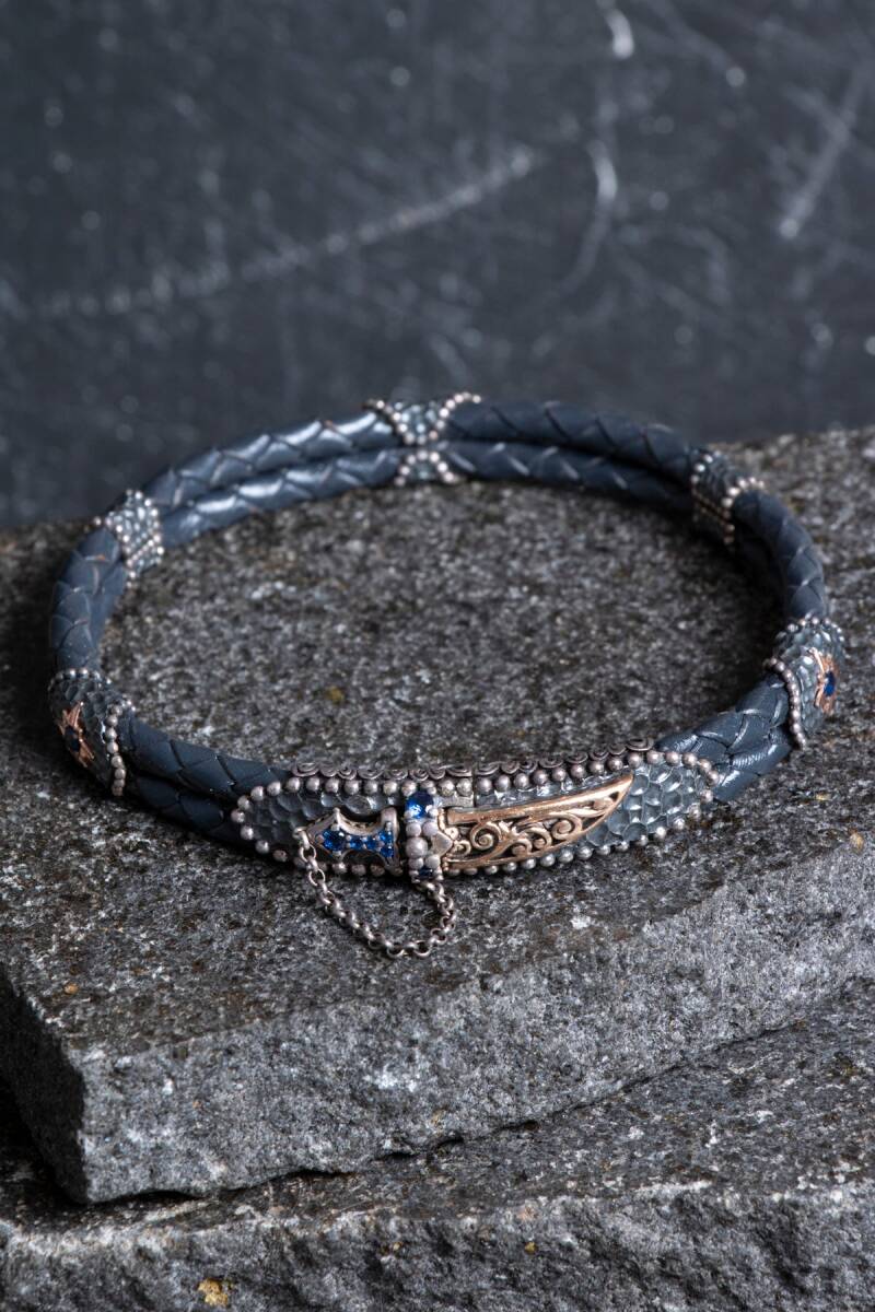 Sertifikalı El İşçiliği Gümüş Kılıç Detaylı Deri Bileklik (SK:197) - 5