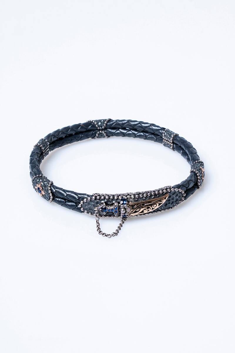 Sertifikalı El İşçiliği Gümüş Kılıç Detaylı Deri Bileklik (SK:197) - 6