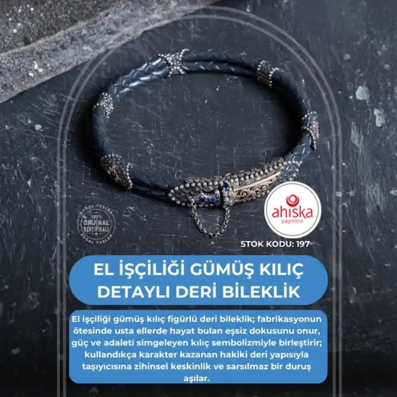 Sertifikalı El İşçiliği Gümüş Kılıç Detaylı Deri Bileklik (SK:197) - 2