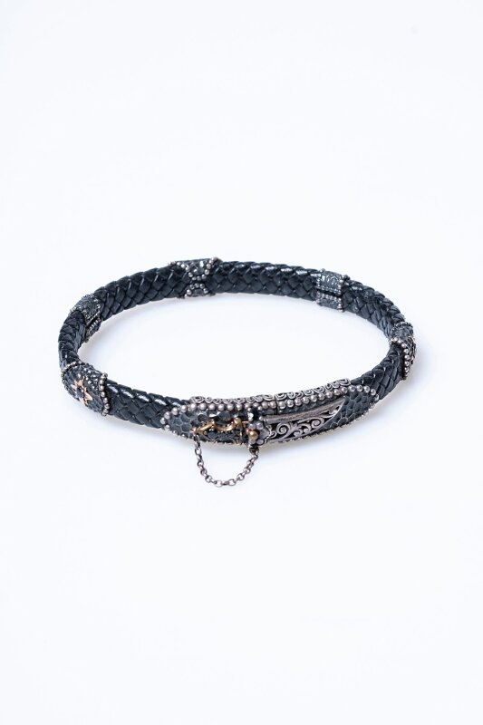 Sertifikalı El İşçiliği Gümüş Kılıç Detaylı Deri Bileklik (SK:198) - 6