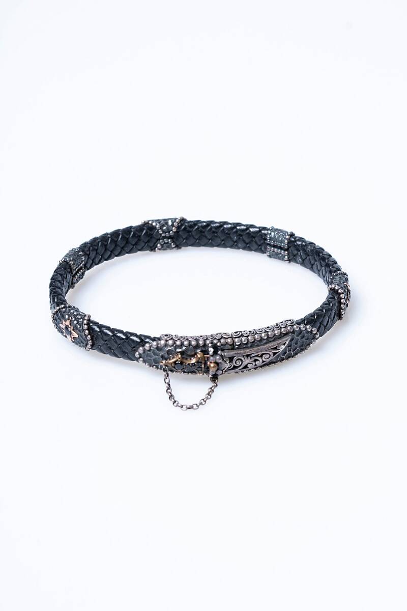 Sertifikalı El İşçiliği Gümüş Kılıç Detaylı Deri Bileklik (SK:198) - 6