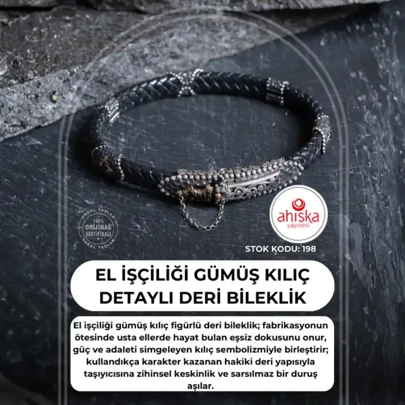 Sertifikalı El İşçiliği Gümüş Kılıç Detaylı Deri Bileklik (SK:198) - 2