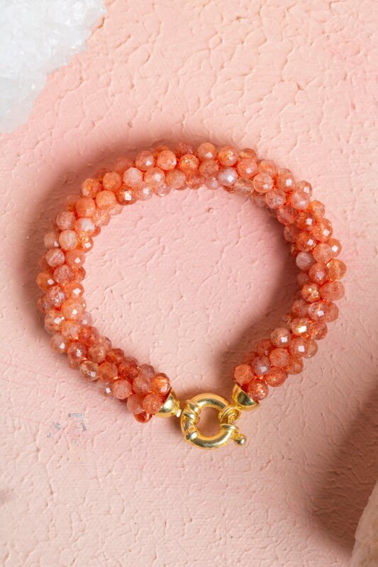 Sertifikalı El İşçiliği Örme Güneş Taşı Gümüş Kapama Bileklik (SK:102) - Doğal Taş