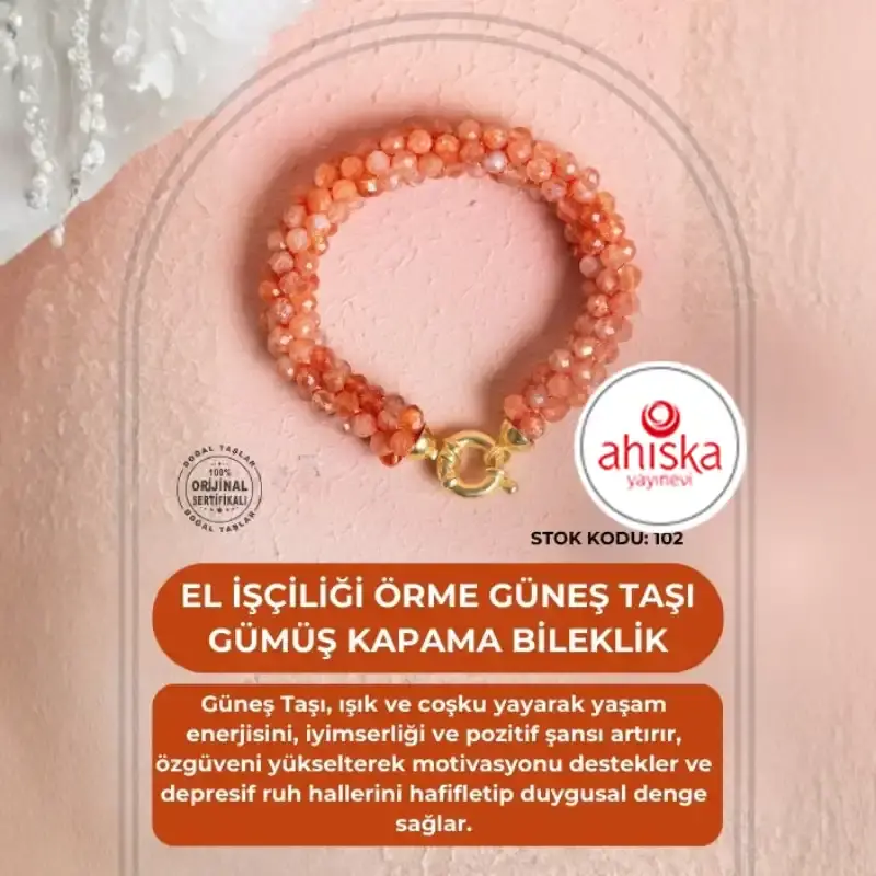 Sertifikalı El İşçiliği Örme Güneş Taşı Gümüş Kapama Bileklik (SK:102) - 2