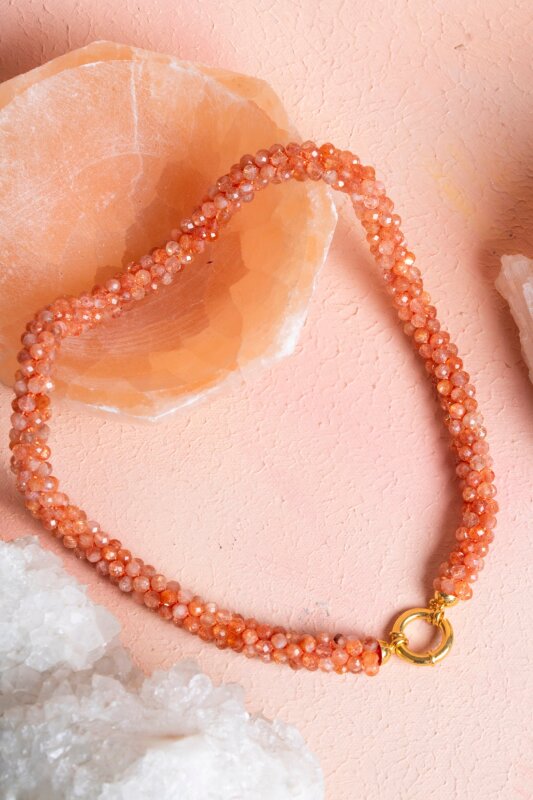 Sertifikalı El İşçiliği Örme Güneş Taşı Gümüş Kapama Kolye (SK:101) - Doğal Taş