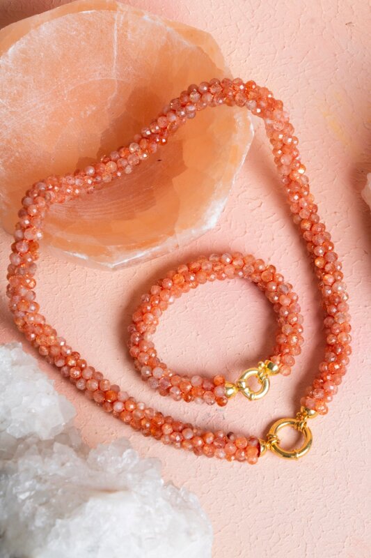 Sertifikalı El İşçiliği Örme Güneş Taşı Gümüş Kapama Set (SK:100) - Doğal Taş