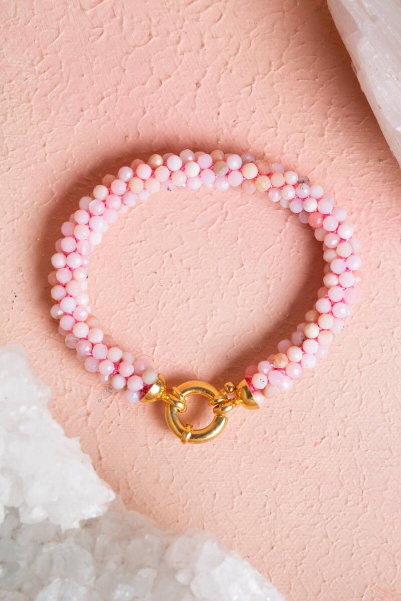 Sertifikalı El İşçiliği Örme Pembe Opal Gümüş Kapama Bileklik (SK:108) - 1