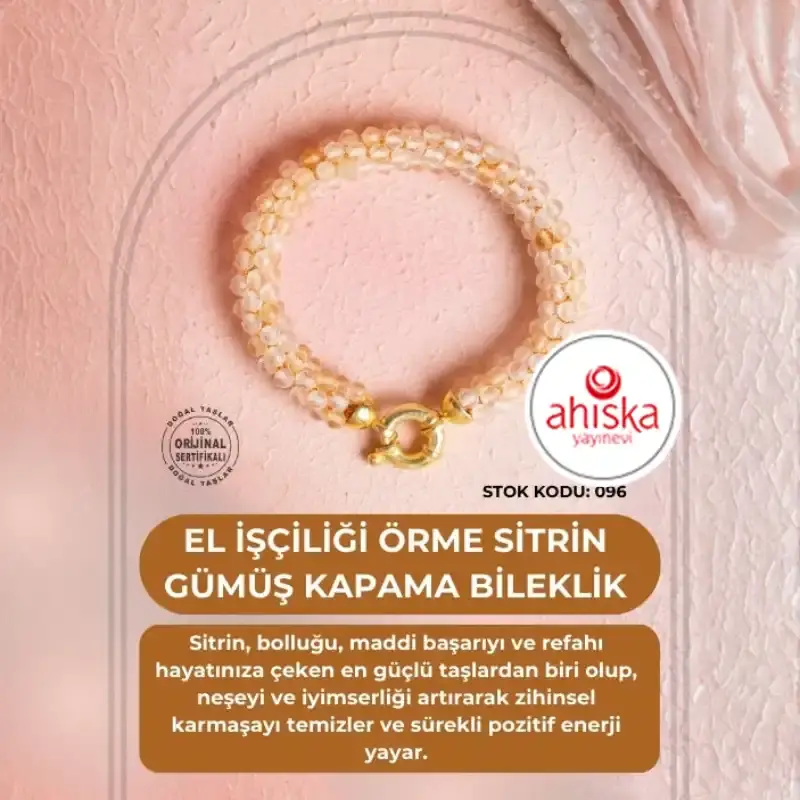 Sertifikalı El İşçiliği Örme Sitrin Gümüş Kapama Bileklik (SK:096) - 2