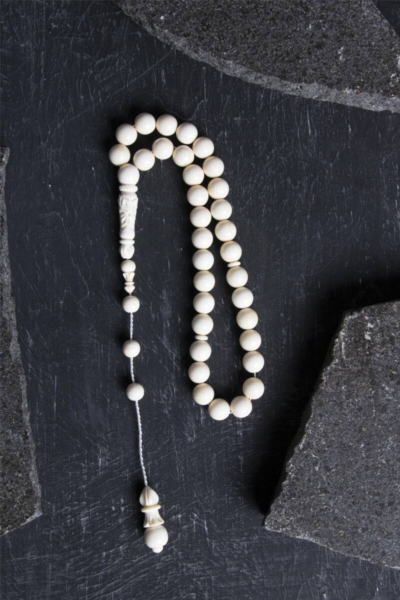 Sertifikalı Fil Dişi 33'lük 9 mm Doğal Taş Tesbih - 4