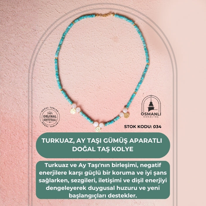 Sertifikalı Firuze(Turkuaz) , Ay Taşı Gümüş Aparatlı Doğal Taş Kolye (SK:034) - 2