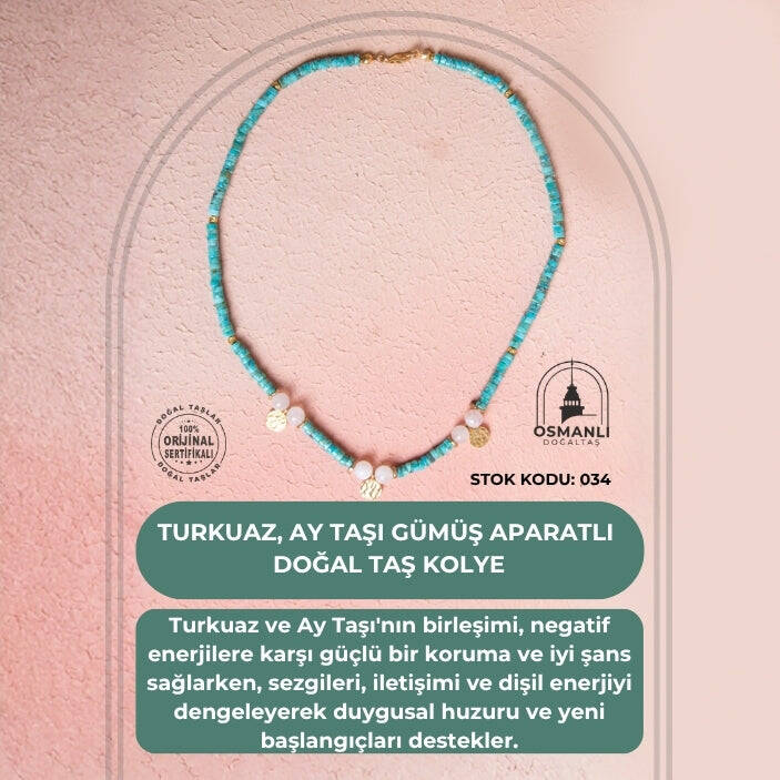 Sertifikalı Firuze(Turkuaz) , Ay Taşı Gümüş Aparatlı Doğal Taş Kolye (SK:034) - 2