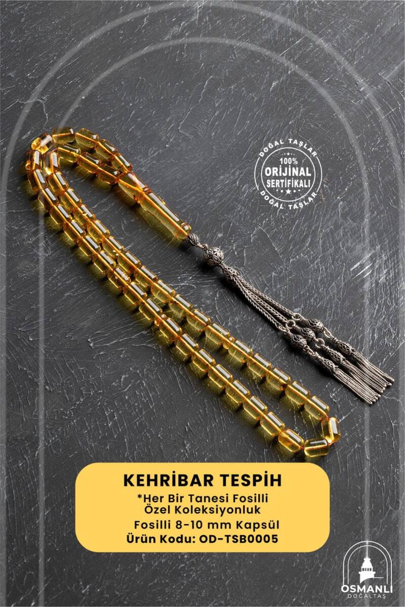 Sertifikalı Fosilli 8-10 mm Kapsül Kesim Gümüş İmame ve Püsküllü Kehribar Tesbih - 1