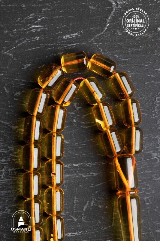 Sertifikalı Fosilli 8-10 mm Kapsül Kesim Gümüş İmame ve Püsküllü Kehribar Tesbih - 2