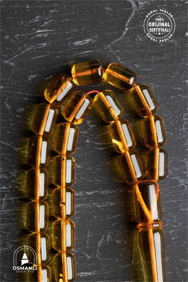 Sertifikalı Fosilli 8-10 mm Kapsül Kesim Gümüş İmame ve Püsküllü Kehribar Tesbih - 2