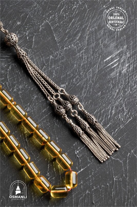 Sertifikalı Fosilli 8-10 mm Kapsül Kesim Gümüş İmame ve Püsküllü Kehribar Tesbih - 3