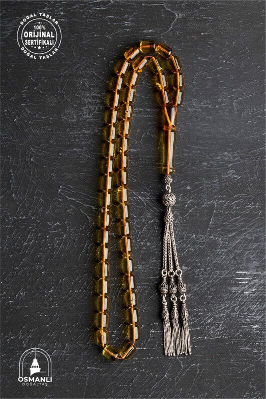 Sertifikalı Fosilli 8-10 mm Kapsül Kesim Gümüş İmame ve Püsküllü Kehribar Tesbih - 4