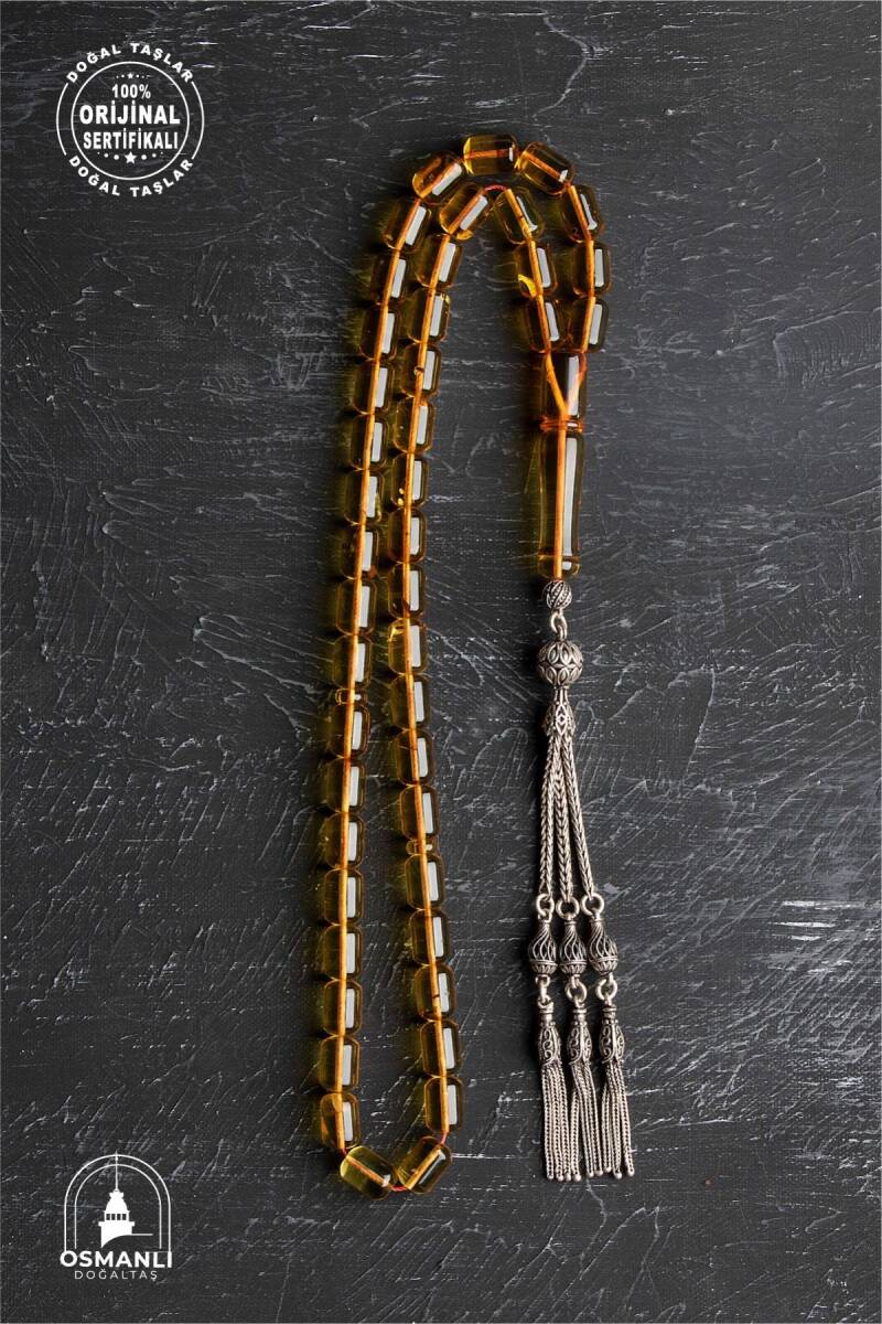 Sertifikalı Fosilli 8-10 mm Kapsül Kesim Gümüş İmame ve Püsküllü Kehribar Tesbih - 4
