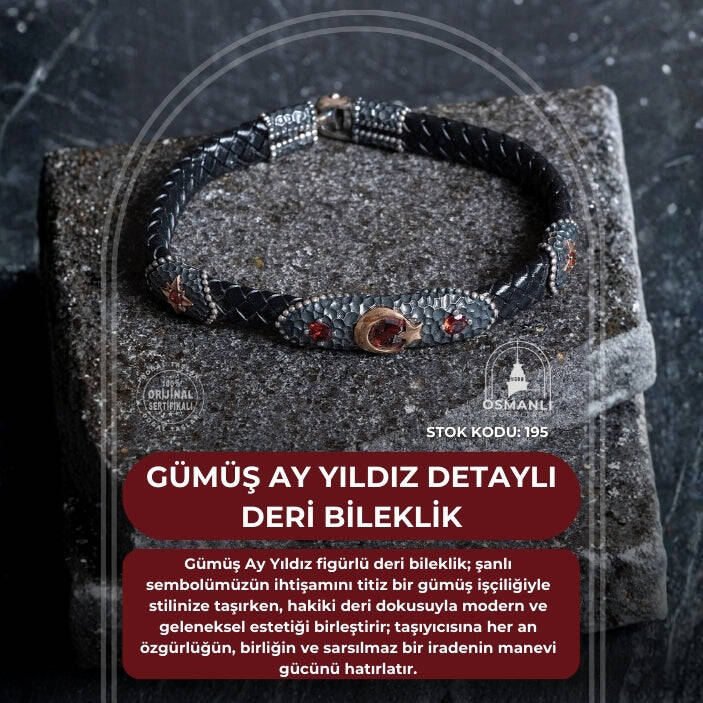 Sertifikalı Gümüş Ay Yıldız Detaylı Deri Bileklik (SK:195) - 2