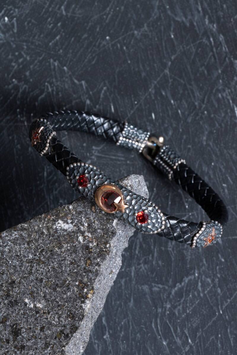 Sertifikalı Gümüş Ay Yıldız Detaylı Deri Bileklik (SK:195) - 5